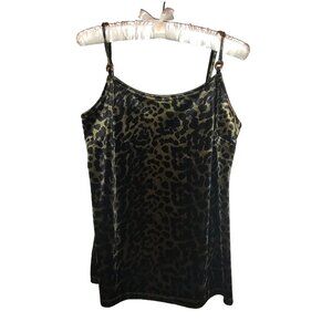 T Tahari Green Black Cheetah Leopard Velvet Spaghetti Strap Top